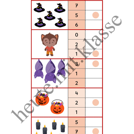 4x Klammerkarten Halloween: Mengen & Zählen im Zahlenraum bis 10