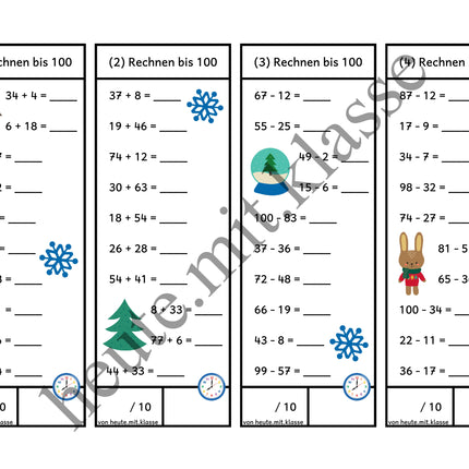Rechenhäppchen / Tägliche Übung: Im Winter - Addition & Subtraktion im Zahlenraum bis 100