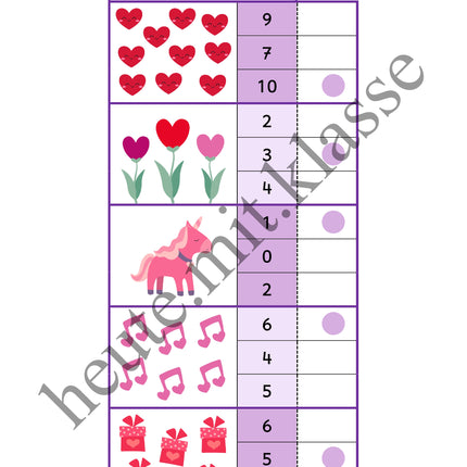 4x Klammerkarten Valentinstag: Mengen & Zählen im Zahlenraum bis 10