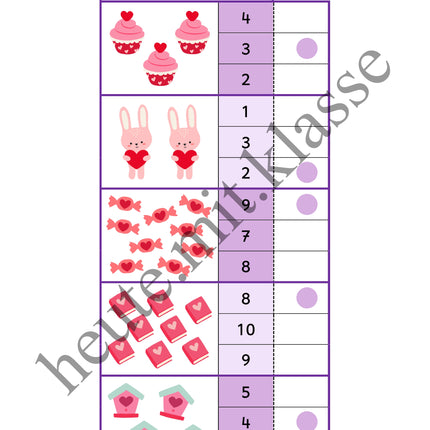 4x Klammerkarten Valentinstag: Mengen & Zählen im Zahlenraum bis 10