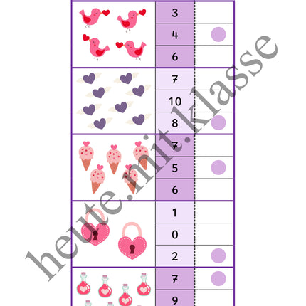 4x Klammerkarten Valentinstag: Mengen & Zählen im Zahlenraum bis 10