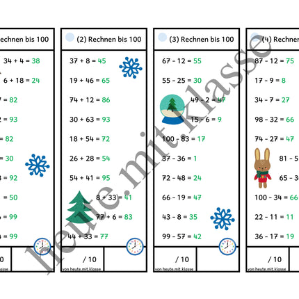 Rechenhäppchen / Tägliche Übung: Im Winter - Addition & Subtraktion im Zahlenraum bis 100