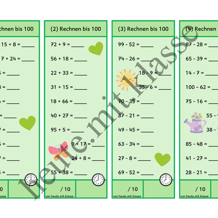 Rechenhäppchen / Tägliche Übung: Im Frühling - Addition & Subtraktion im Zahlenraum bis 100