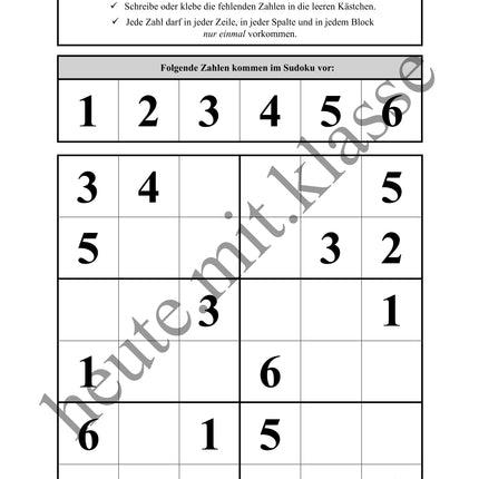 Sudoku 6x6: Klassisch mit Zahlen - Logisches Denken fördern!