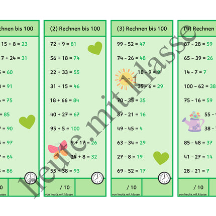Rechenhäppchen / Tägliche Übung: Im Frühling - Addition & Subtraktion im Zahlenraum bis 100