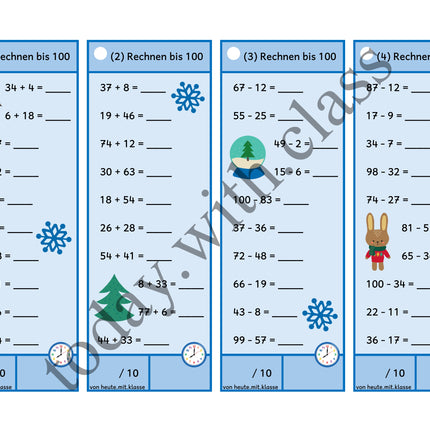 Rechenhäppchen / Tägliche Übung: Im Winter - Addition & Subtraktion im Zahlenraum bis 100
