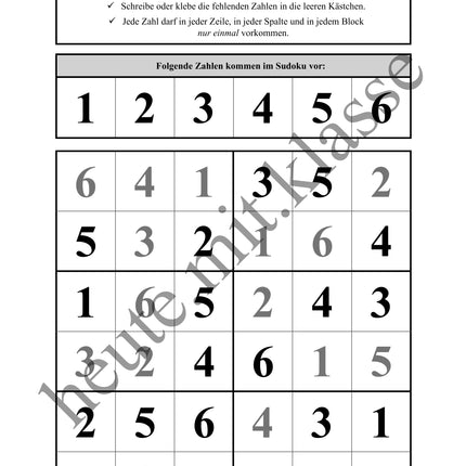 Sudoku 6x6: Klassisch mit Zahlen - Logisches Denken fördern!