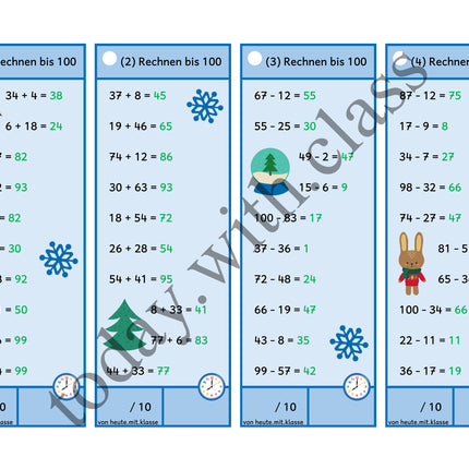 Rechenhäppchen / Tägliche Übung: Im Winter - Addition & Subtraktion im Zahlenraum bis 100
