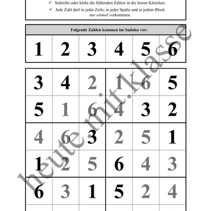 Sudoku 6x6: Klassisch mit Zahlen - Logisches Denken fördern!