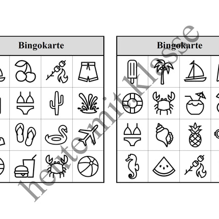 Bingo-Spiel: Sommer & Sommerferien