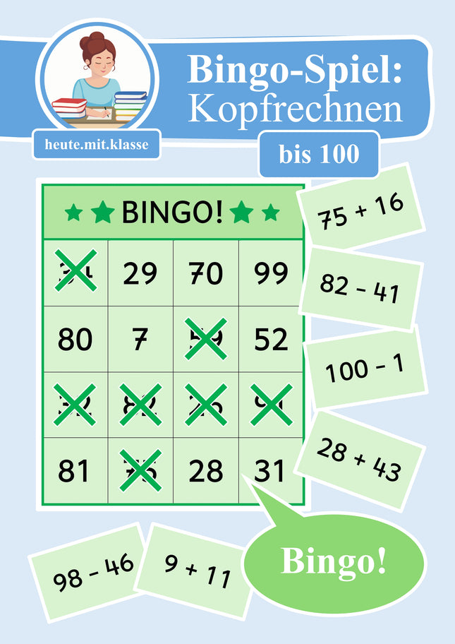 Bingo-Spiel: Rechnen im Zahlenraum bis 100 (Addition & Subtraktion)