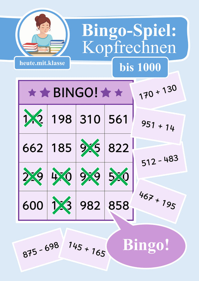 Bingo-Spiel: Rechnen im Zahlenraum bis 1000 (Addition & Subtraktion)