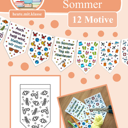 Kooperative Girlande zum Ausmalen: Sommer & Sommerferien (Ausmalbilder)