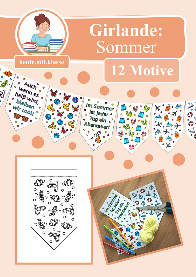 Kooperative Girlande zum Ausmalen: Sommer & Sommerferien (Ausmalbilder)