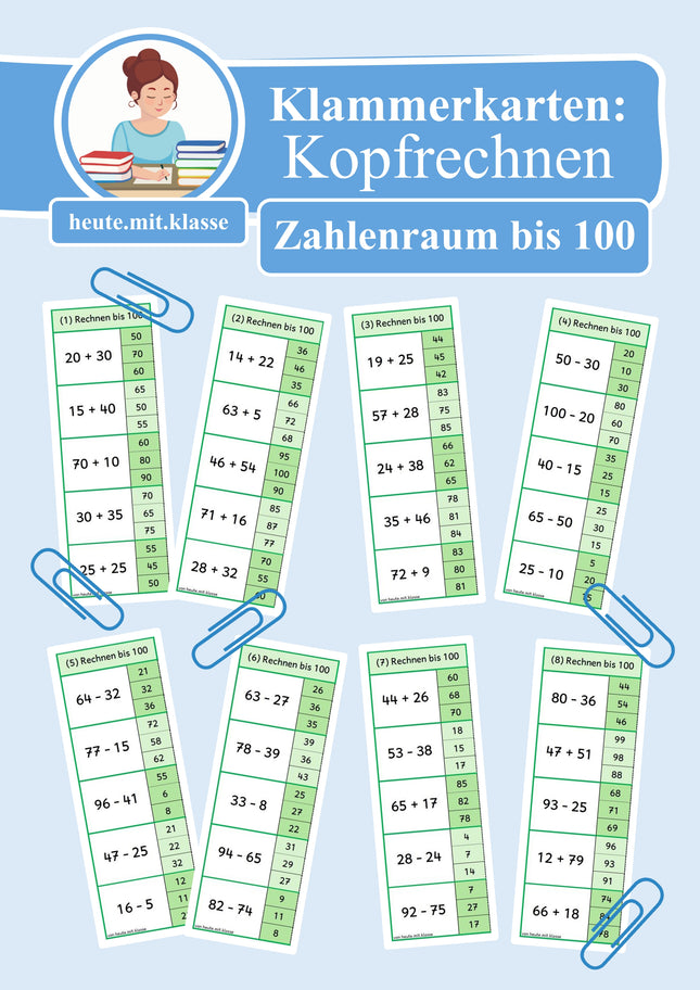 Klammerkarten: Rechnen im Zahlenraum bis 100 (Addition & Subtraktion, mit und ohne ZÜ)