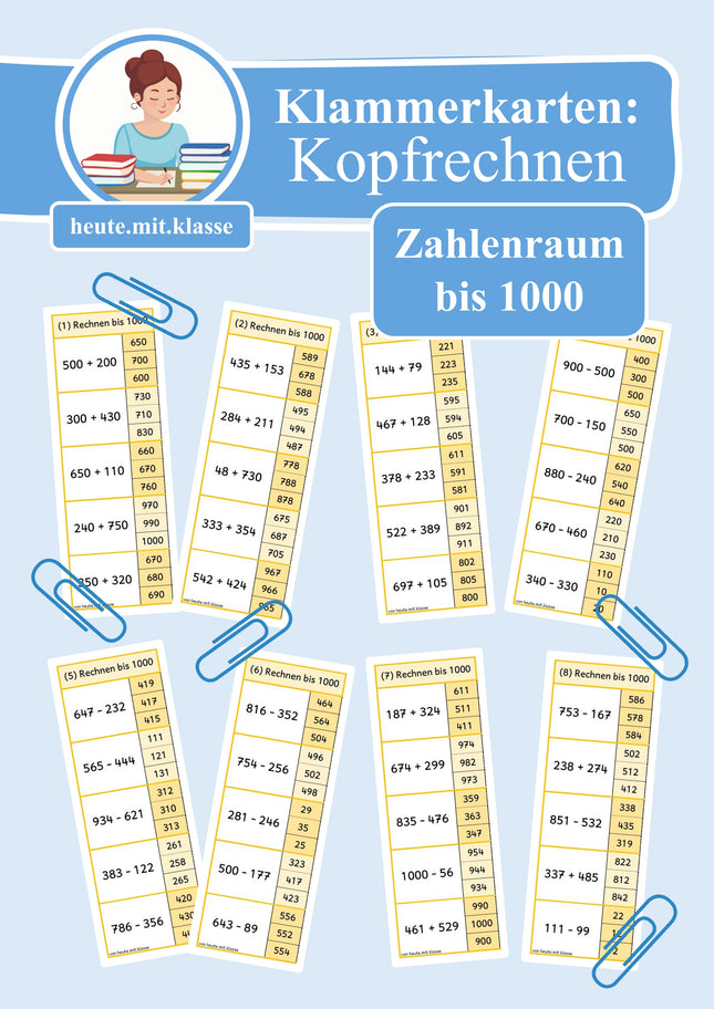 Klammerkarten: Rechnen im Zahlenraum bis 1000 (Addition & Subtraktion, mit und ohne ZÜ & HÜ)