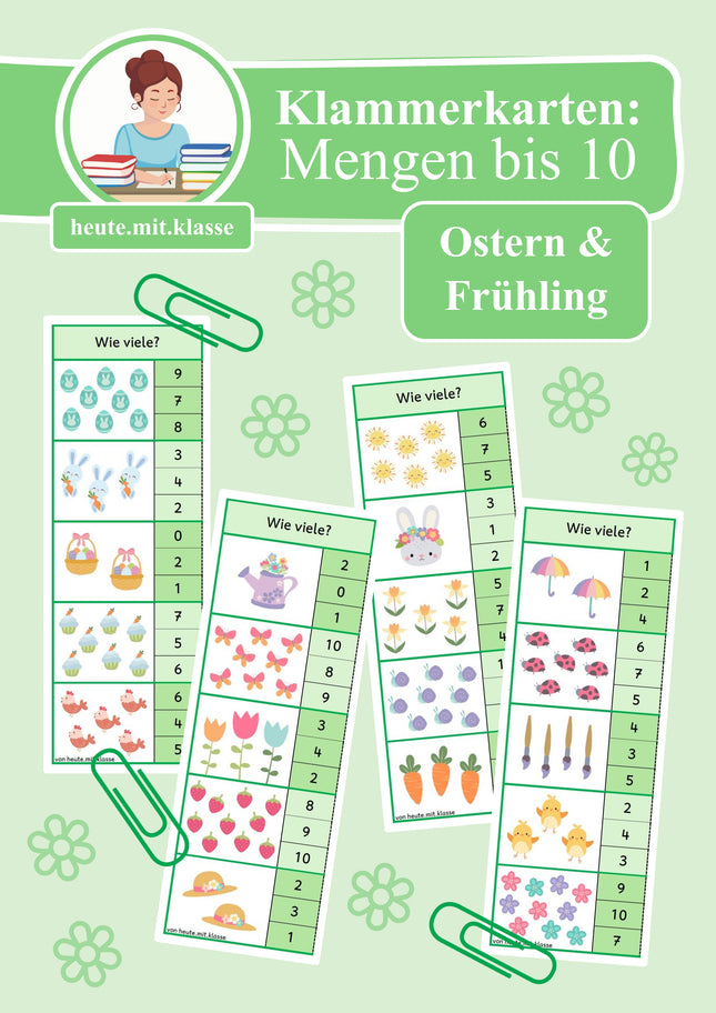 4x Klammerkarten Frühling & Ostern: Mengen & Zählen im Zahlenraum bis 10