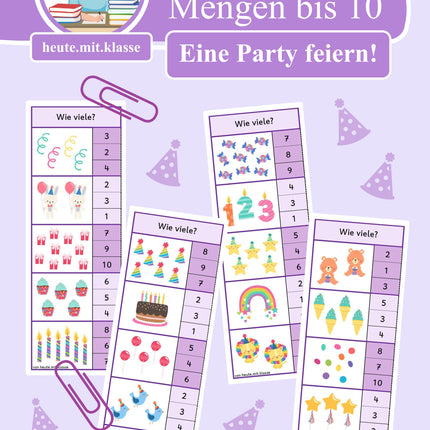 4x Klammerkarten Geburtstag & Party: Mengen & Zählen im Zahlenraum bis 10