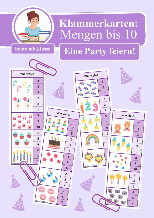 4x Klammerkarten Geburtstag & Party: Mengen & Zählen im Zahlenraum bis 10