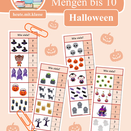 4x Klammerkarten Halloween: Mengen & Zählen im Zahlenraum bis 10