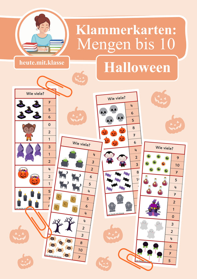 4x Klammerkarten Halloween: Mengen & Zählen im Zahlenraum bis 10