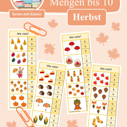 4x Klammerkarten Herbst: Mengen & Zählen im Zahlenraum bis 10