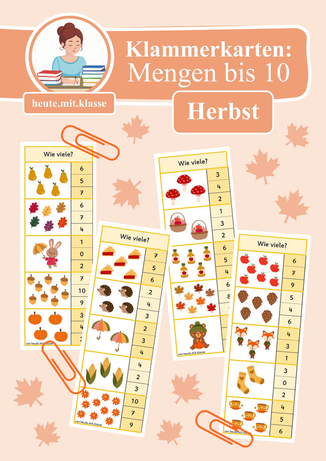 4x Klammerkarten Herbst: Mengen & Zählen im Zahlenraum bis 10