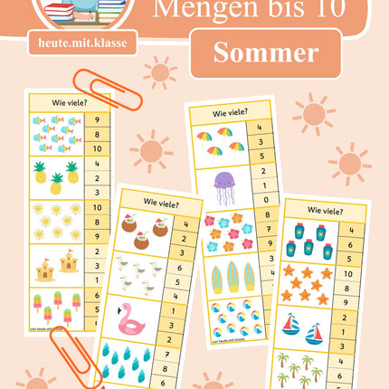 4x Klammerkarten Sommer & Ferien: Mengen & Zählen im Zahlenraum bis 10
