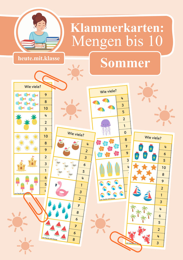 4x Klammerkarten Sommer & Ferien: Mengen & Zählen im Zahlenraum bis 10
