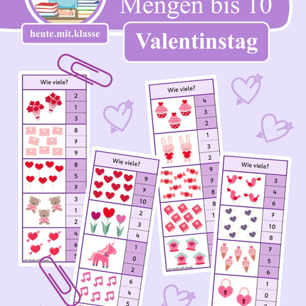 4x Klammerkarten Valentinstag: Mengen & Zählen im Zahlenraum bis 10