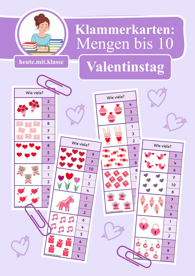 4x Klammerkarten Valentinstag: Mengen & Zählen im Zahlenraum bis 10