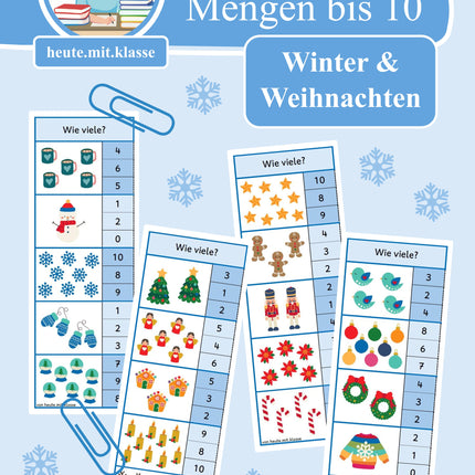 4x Klammerkarten Winter & Weihnachten: Mengen & Zählen im Zahlenraum bis 10
