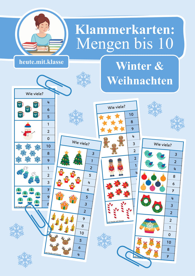 4x Klammerkarten Winter & Weihnachten: Mengen & Zählen im Zahlenraum bis 10