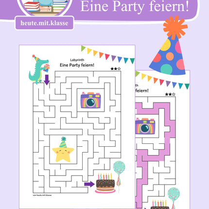 Labyrinth: Party & Geburtstag (Rätsel für 1. & 2. Klasse)