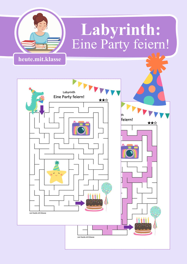 Labyrinth: Party & Geburtstag (Rätsel für 1. & 2. Klasse)
