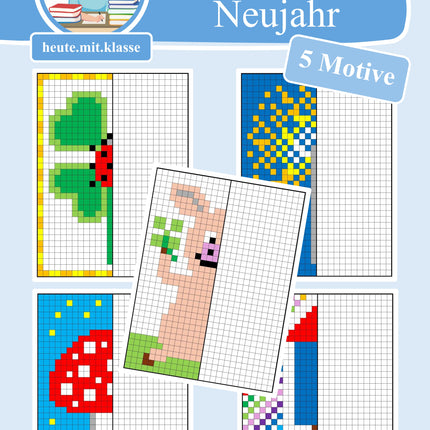 Pixel-Bilder: Neujahr & Silvester (Symmetrie / Pixel-Art)
