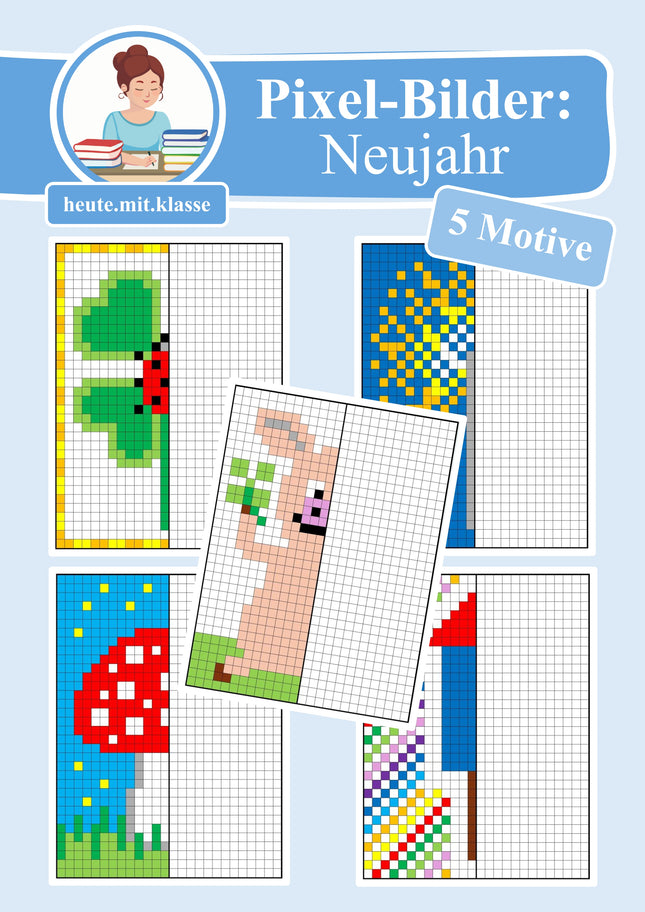 Pixel-Bilder: Neujahr & Silvester (Symmetrie / Pixel-Art)