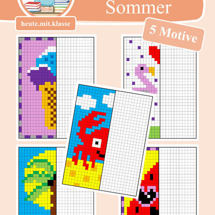Pixel-Bilder: Sommer & Sommerferien (Symmetrie / Pixel-Art)