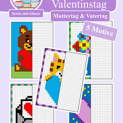 Pixel-Bilder: Muttertag & Vatertag & Valentinstag (Symmetrie / Pixel-Art)