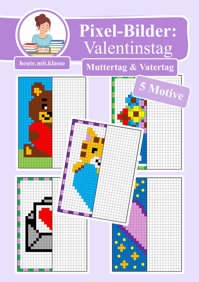 Pixel-Bilder: Muttertag & Vatertag & Valentinstag (Symmetrie / Pixel-Art)