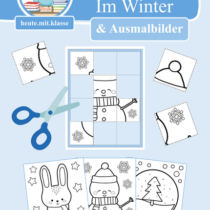 3x Puzzles & Ausmalbilder: Im Winter (Schneideübung)