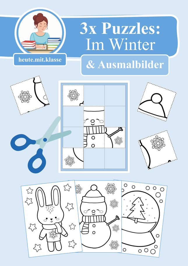 3x Puzzles & Ausmalbilder: Im Winter (Schneideübung)