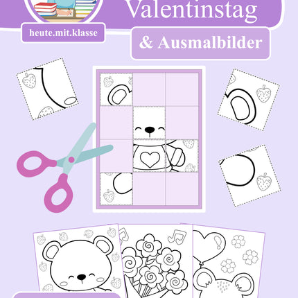 3x Puzzles & Ausmalbilder: Valentinstag & Muttertag & Vatertag (Schneideübung)