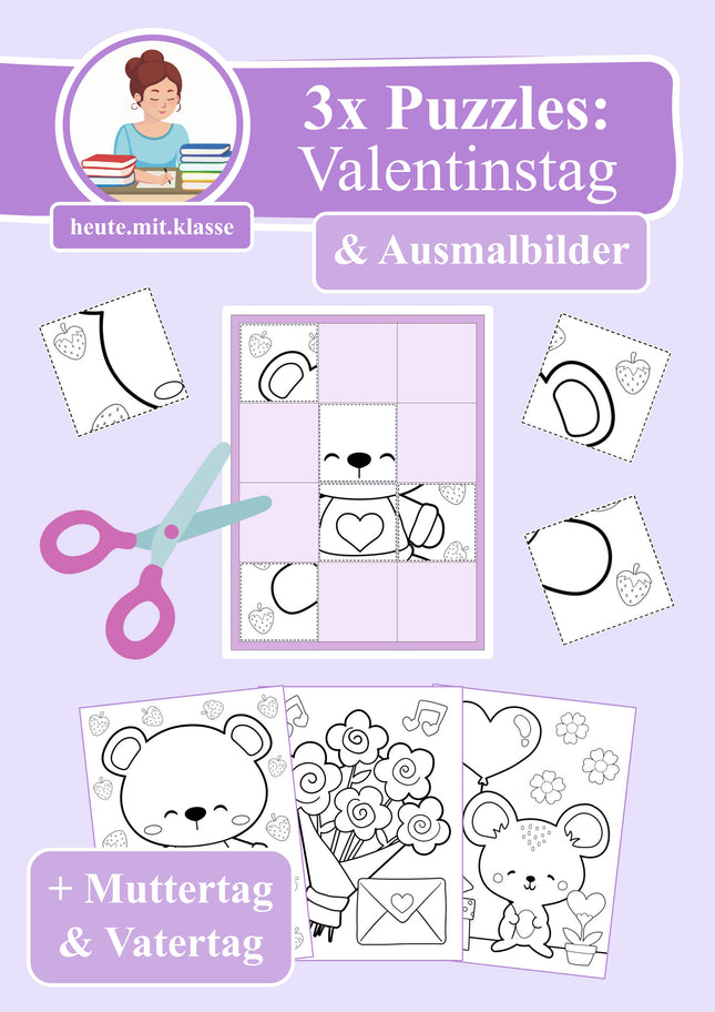 3x Puzzles & Ausmalbilder: Valentinstag & Muttertag & Vatertag (Schneideübung)