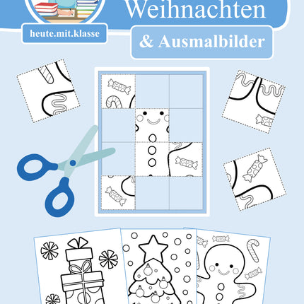3x Puzzles & Ausmalbilder: Im Weihnachten (Schneideübung)