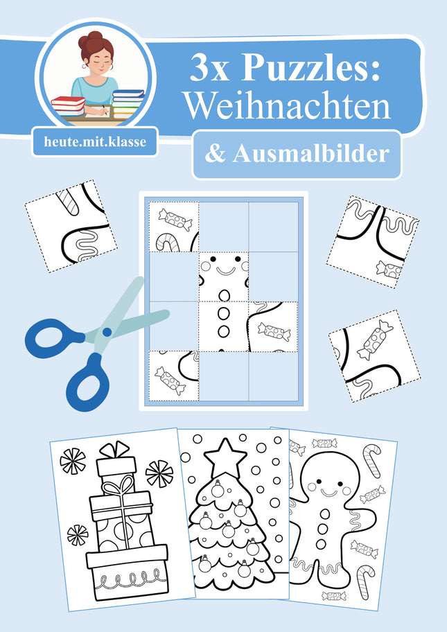 3x Puzzles & Ausmalbilder: Im Weihnachten (Schneideübung)