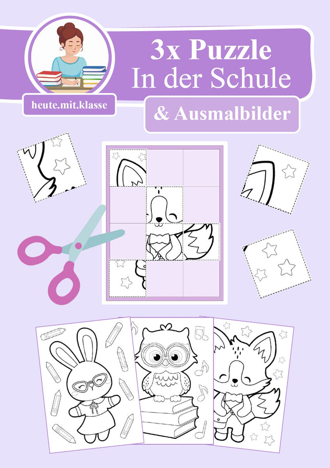 3x Puzzles & Ausmalbilder: In der Schule (Schneideübung)