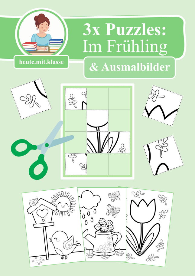 3x Puzzles & Ausmalbilder: Im Frühling (Schneideübung)
