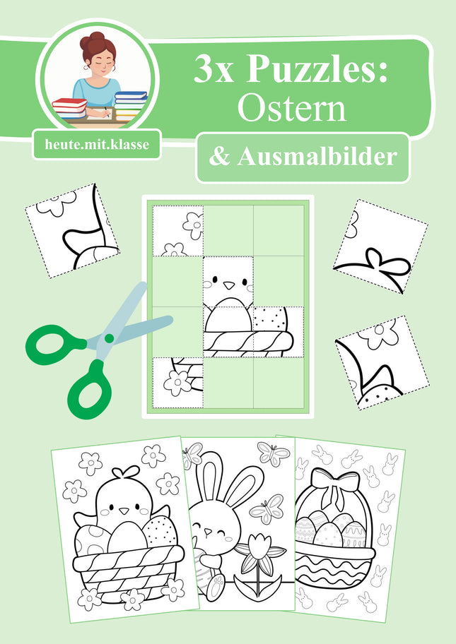 3x Puzzles & Ausmalbilder: Ostern (Schneideübung)