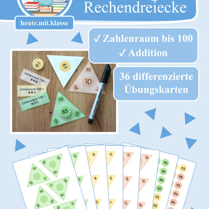 Übungskarten: Rechendreiecke (Zahlrenraum bis 100 & Addition)